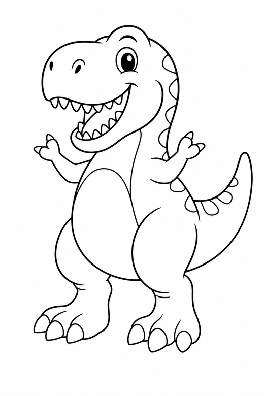 A friendly cartoon T-rex standing and smiling, short arms raised — free printable dinosaur coloring page