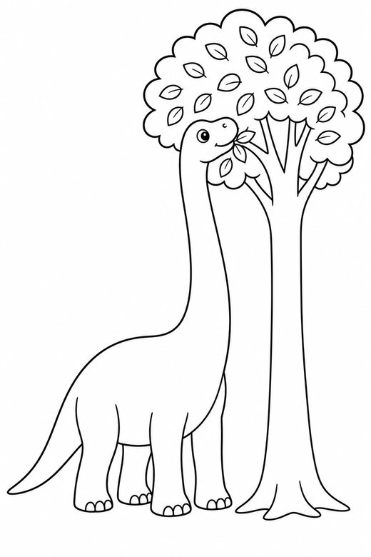 A long-necked brontosaurus reaching up to eat leaves from a tall tree — free printable dinosaur coloring page