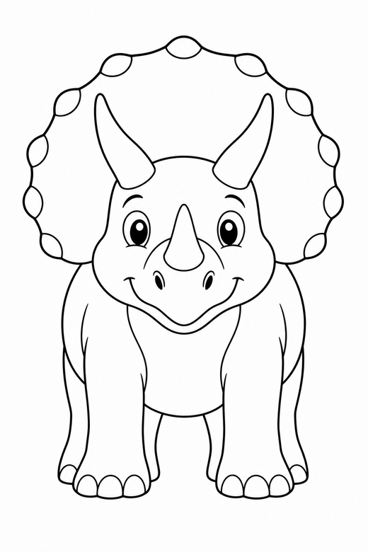 A triceratops standing forward showing all three horns and frill — free printable dinosaur coloring page