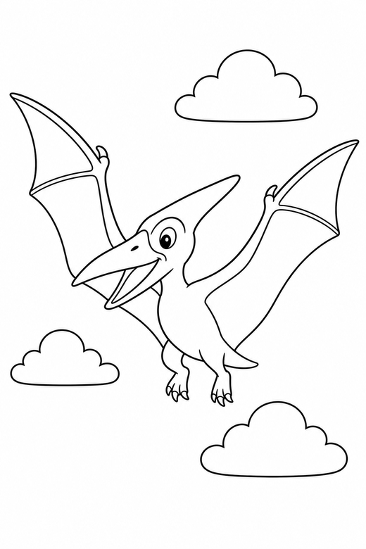A pterodactyl flying with wings spread wide against simple clouds — free printable dinosaur coloring page