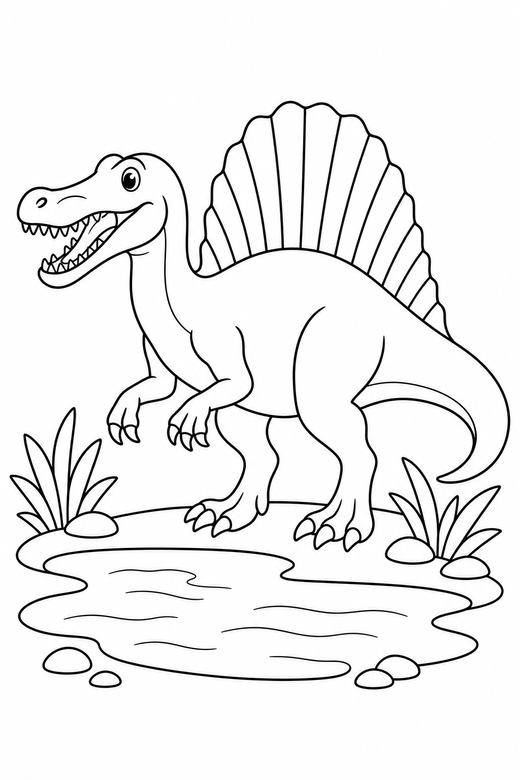 A spinosaurus with a tall sail on its back standing by simple water — free printable dinosaur coloring page