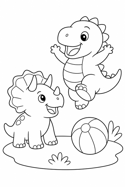 Two small dinosaurs playing together, one jumping — free printable dinosaur coloring page