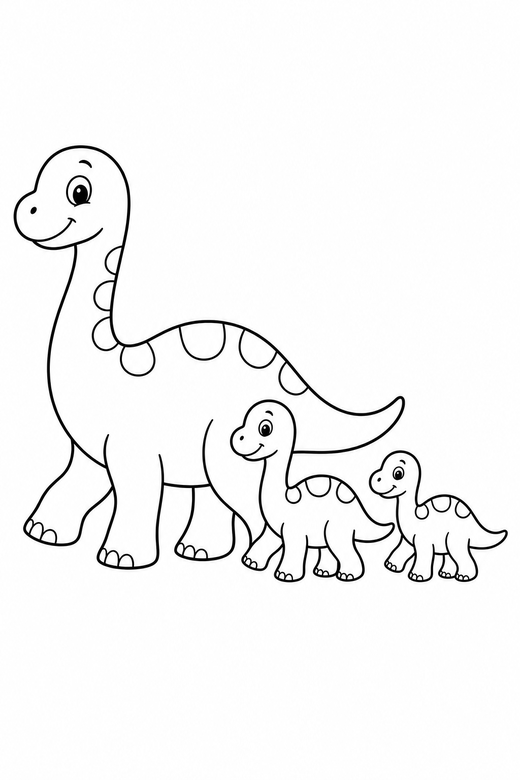 A dinosaur family: one large and two small dinosaurs walking in a line — free printable dinosaur coloring page