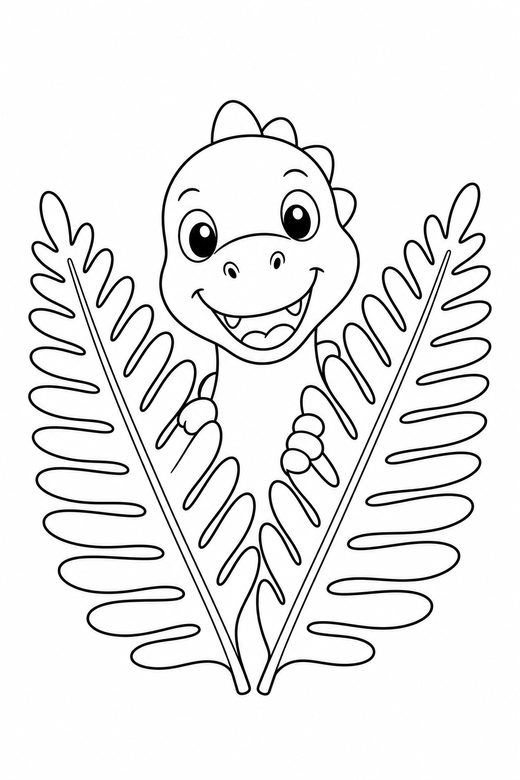 A dinosaur peeking out from behind two large fern leaves — free printable dinosaur coloring page