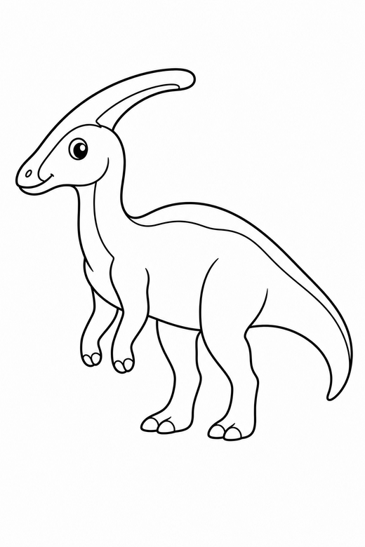 A parasaurolophus with a long head crest, standing in profile — free printable dinosaur coloring page