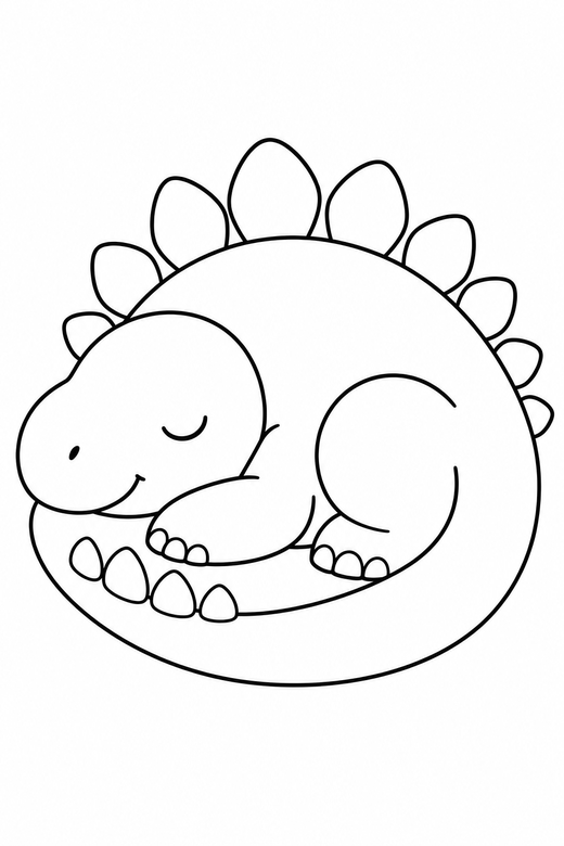 A dinosaur sleeping curled up with eyes closed — free printable dinosaur coloring page