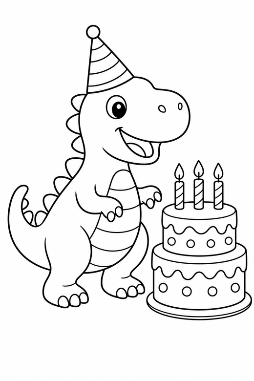 A friendly dinosaur wearing a party hat next to a birthday cake — free printable dinosaur coloring page