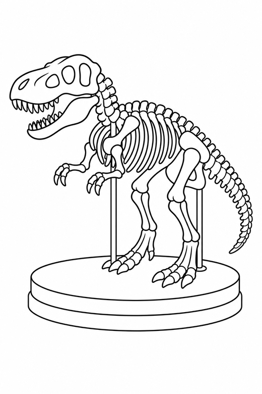 A dinosaur skeleton display, simple bold bones, museum style — free printable dinosaur coloring page