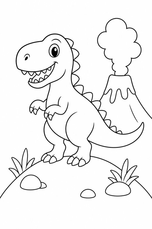 A dinosaur standing on a small hill with a simple volcano in the background — free printable dinosaur coloring page