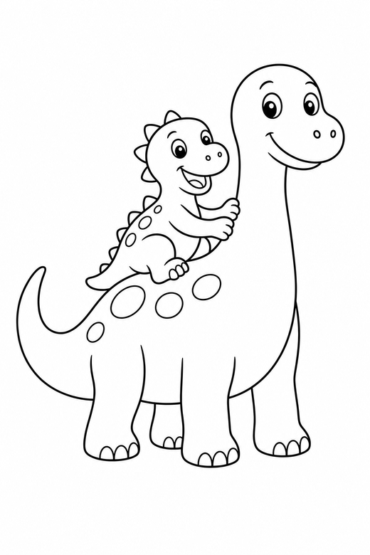 A small dinosaur riding on the back of a larger dinosaur — free printable dinosaur coloring page