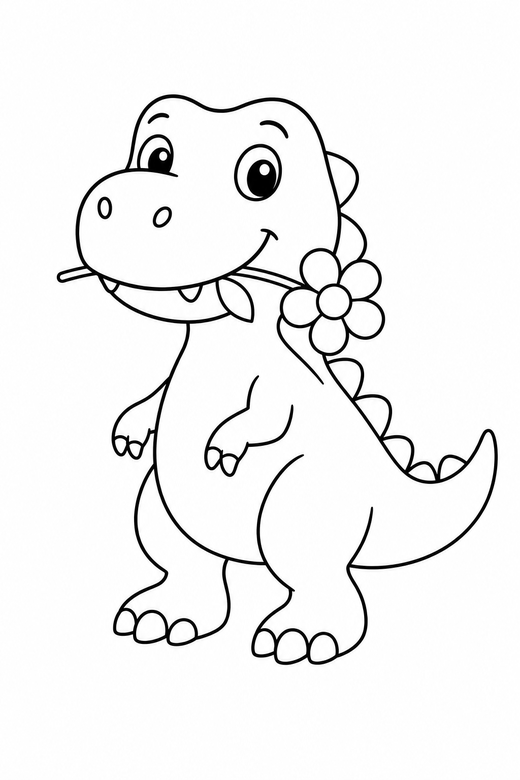 A dinosaur holding a single flower in its mouth — free printable dinosaur coloring page