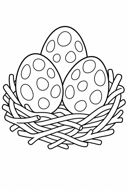 Three dinosaur eggs in a simple nest of twigs — free printable dinosaur coloring page