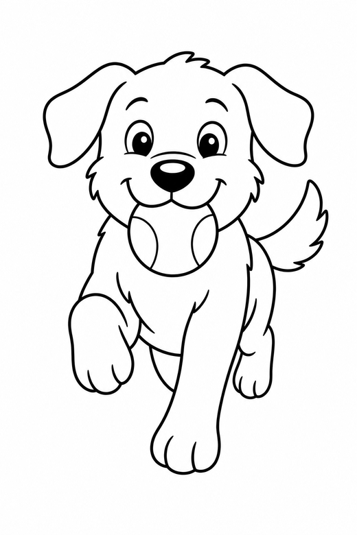 A dog fetching a ball, running forward — free printable dog coloring page