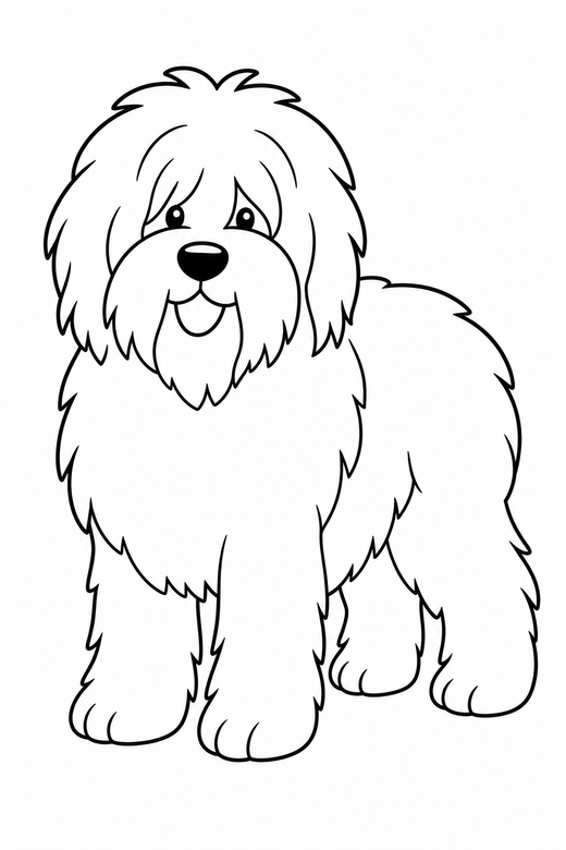 A shaggy sheepdog standing, long fur in simple shapes — free printable dog coloring page