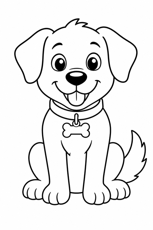 A dog wearing a collar with a bone-shaped tag, sitting — free printable dog coloring page