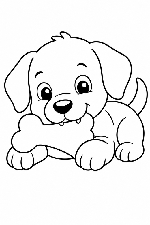 A puppy chewing on a large bone — free printable dog coloring page