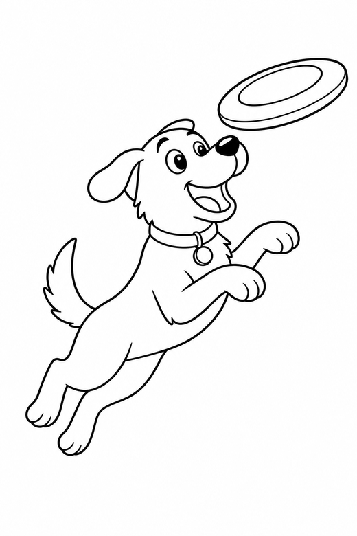 A dog jumping to catch a frisbee in mid-air — free printable dog coloring page