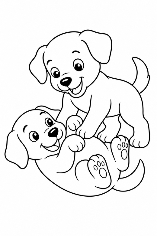 Two puppies playing together, one on its back — free printable dog coloring page