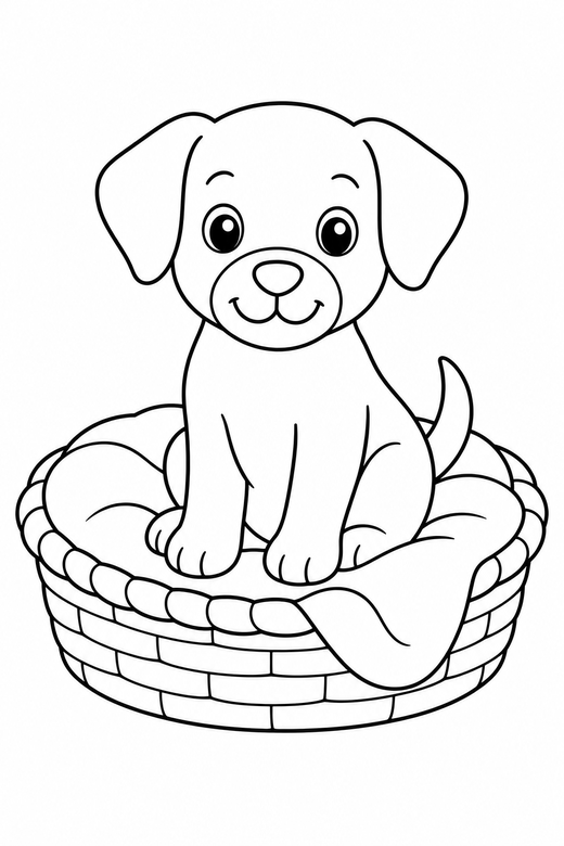 A dog sitting in a basket bed with a simple blanket — free printable dog coloring page