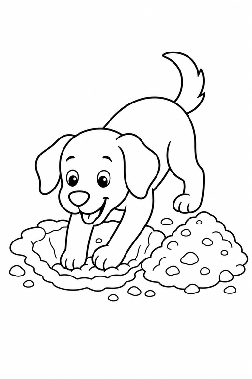 A dog digging a hole with dirt piled beside it — free printable dog coloring page