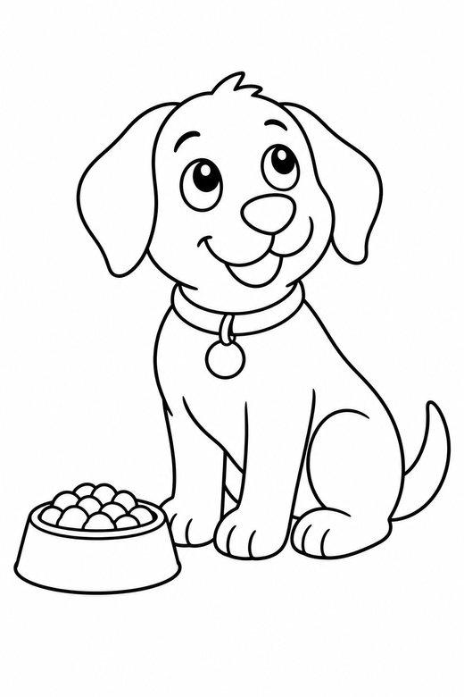 A dog sitting beside a food bowl looking up — free printable dog coloring page