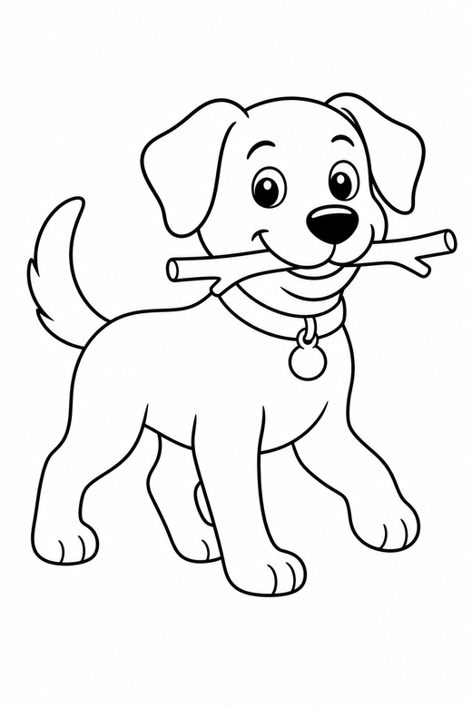 A dog with a stick in its mouth, walking — free printable dog coloring page