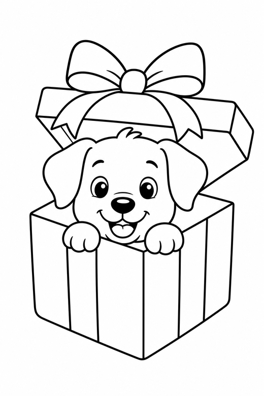 A puppy peeking out of a gift box with a bow — free printable dog coloring page