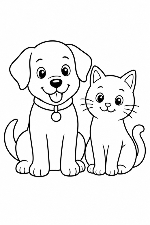 A dog and a cat sitting peacefully side by side — free printable dog coloring page