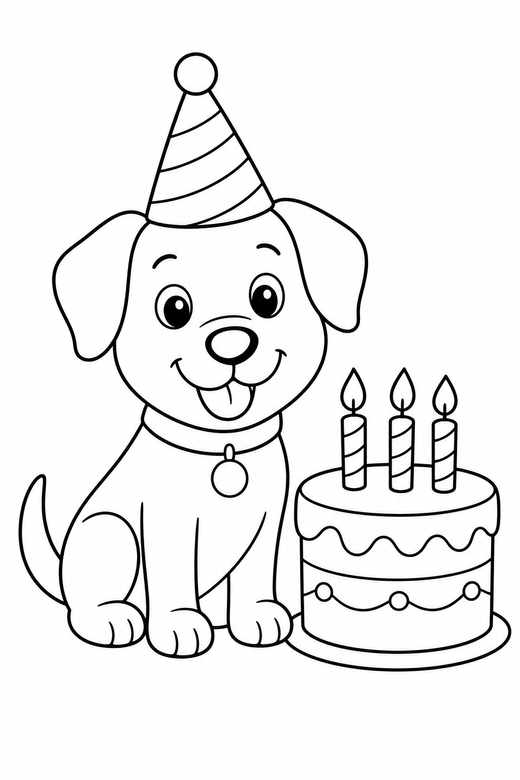A dog wearing a party hat beside a birthday cake — free printable dog coloring page