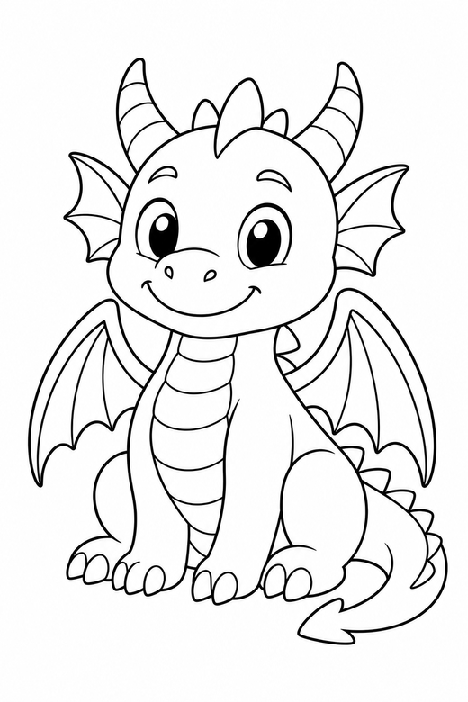 A friendly cartoon dragon sitting with wings folded — free printable dragon coloring page