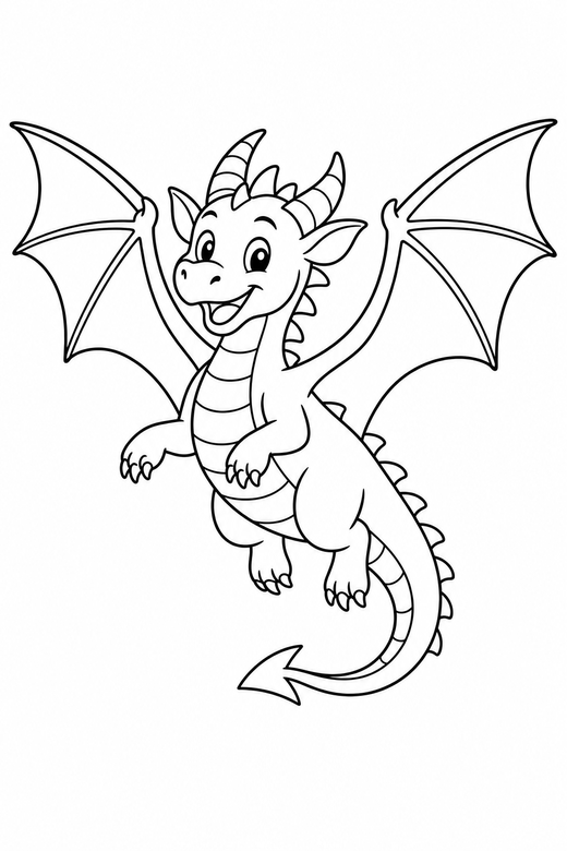 A dragon flying with wings fully spread — free printable dragon coloring page