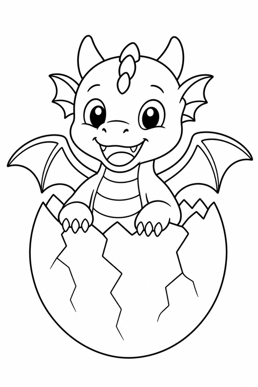 A baby dragon hatching from a cracked egg — free printable dragon coloring page