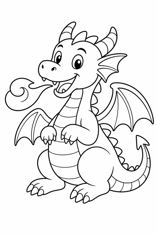 A dragon breathing a simple curl of fire — free printable dragon coloring page
