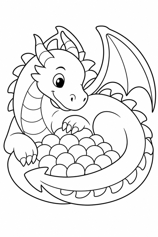 A dragon curled protectively around a pile of round treasure — free printable dragon coloring page