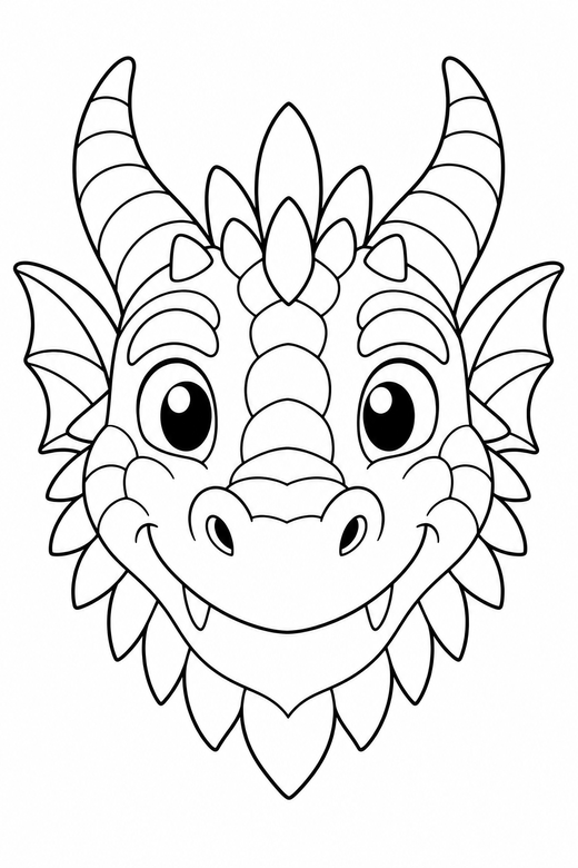 A dragon head portrait close-up with horns and scales — free printable dragon coloring page