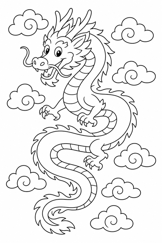 A long serpentine eastern dragon curving through simple clouds — free printable dragon coloring page