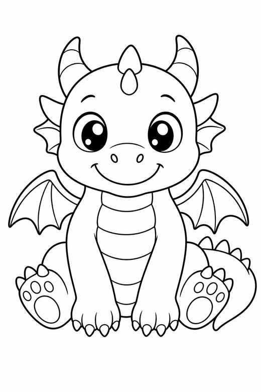 A small chubby dragon sitting like a puppy with big eyes — free printable dragon coloring page