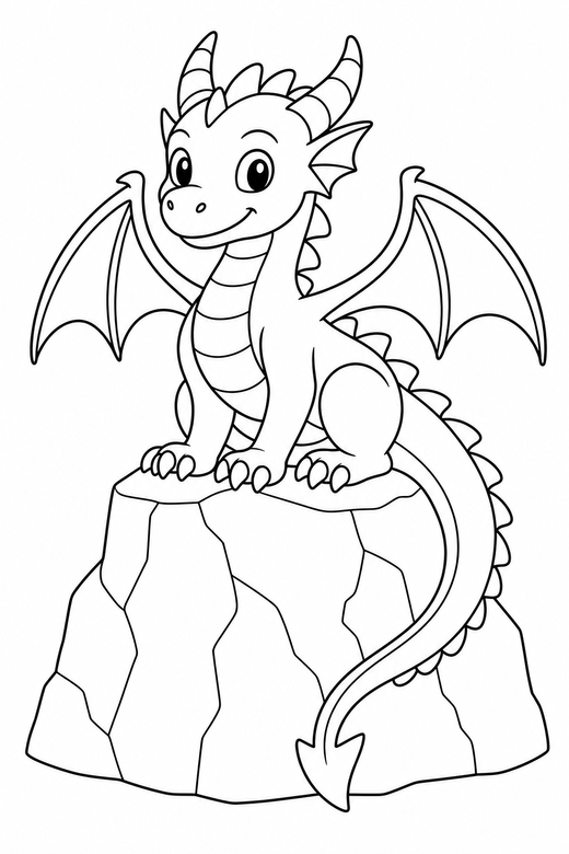A dragon perched on a rock with tail hanging down — free printable dragon coloring page