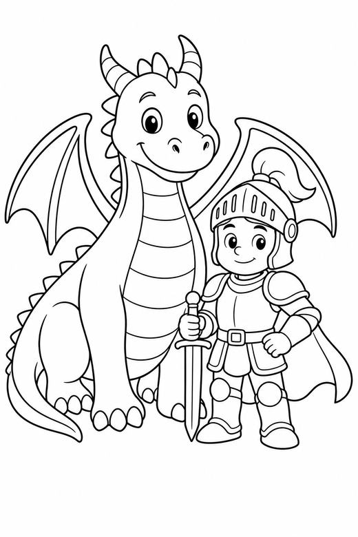 A dragon with a knight, standing peacefully side by side — free printable dragon coloring page