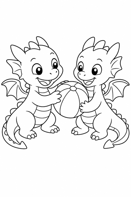 Two small dragons playing together — free printable dragon coloring page