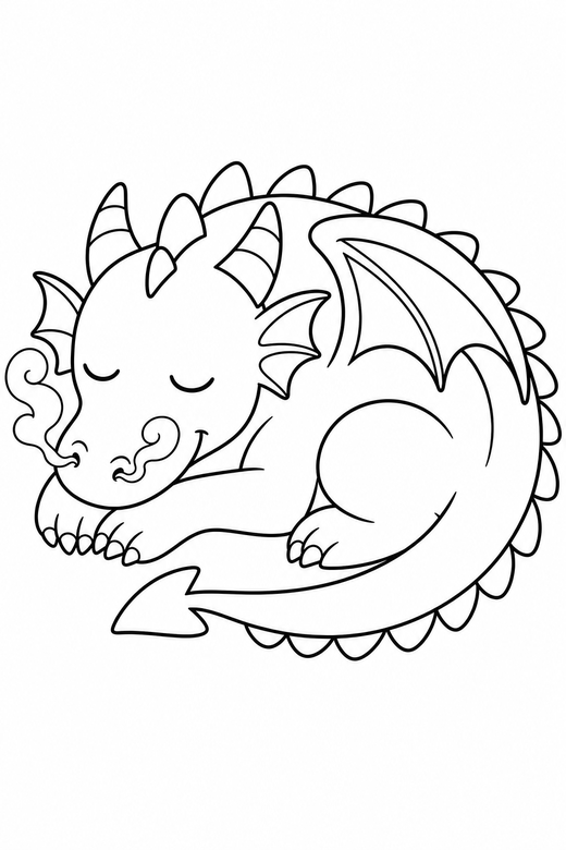 A sleeping dragon with eyes closed and smoke curling from nostrils — free printable dragon coloring page