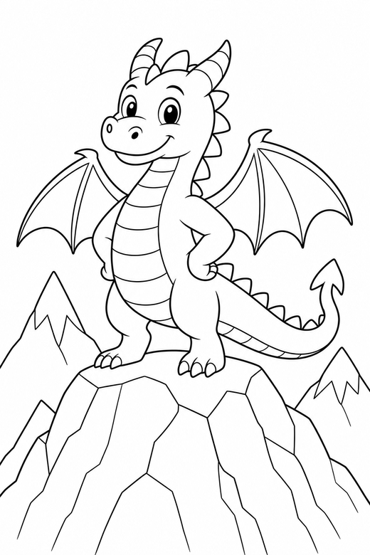 A dragon standing on a mountain top with simple peaks behind — free printable dragon coloring page