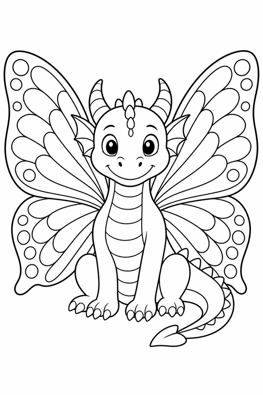 A dragon with large butterfly-like patterned wings — free printable dragon coloring page