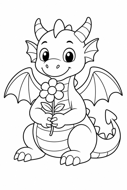 A dragon holding a single flower carefully in its claws — free printable dragon coloring page
