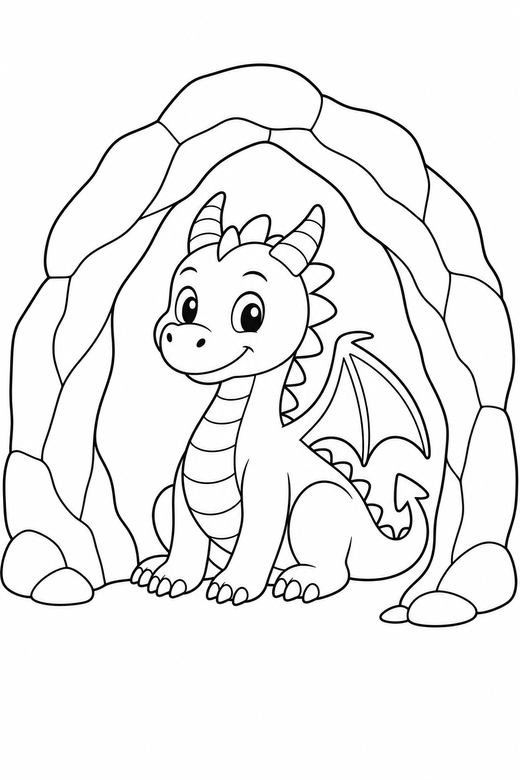 A dragon sitting inside a cave opening, only partly visible — free printable dragon coloring page