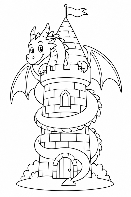 A dragon with a long tail wrapped around a tower — free printable dragon coloring page