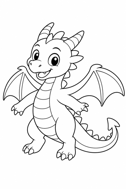 A young dragon learning to fly, wings half open — free printable dragon coloring page