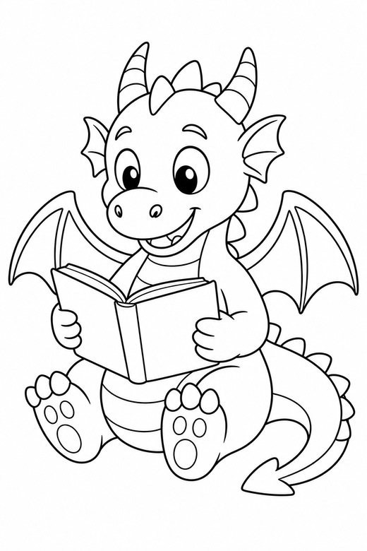 A dragon reading an open book — free printable dragon coloring page