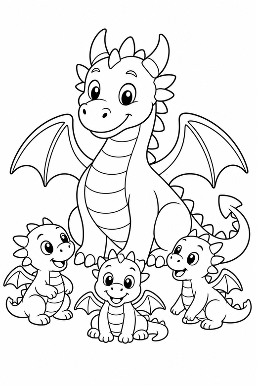 A dragon with three simple hatchlings around it — free printable dragon coloring page