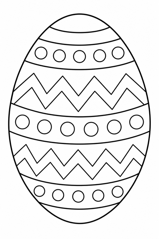 Decorated Easter egg: A large egg decorated with stripes, dots and zigzag bands, free printable coloring page